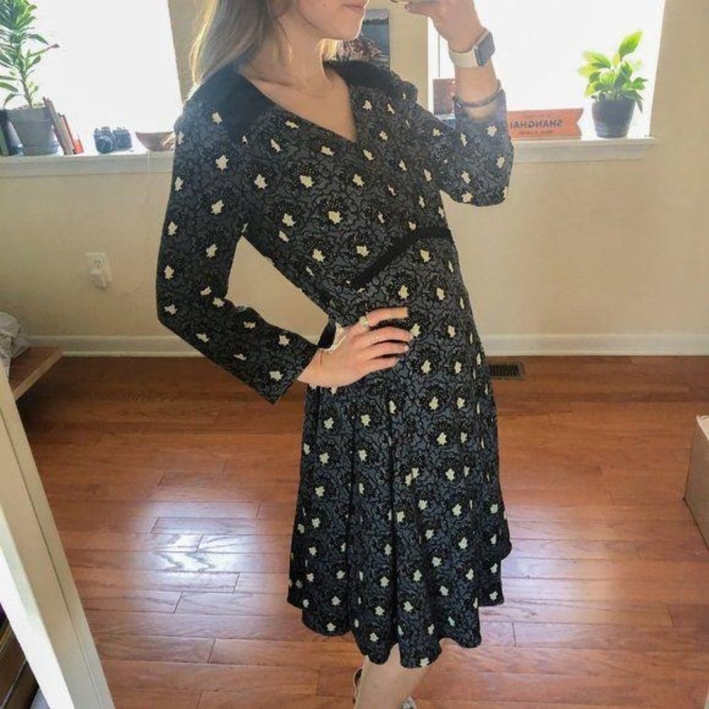 Prada V Neck Long Sleeve Floral A-Line Mini Dress